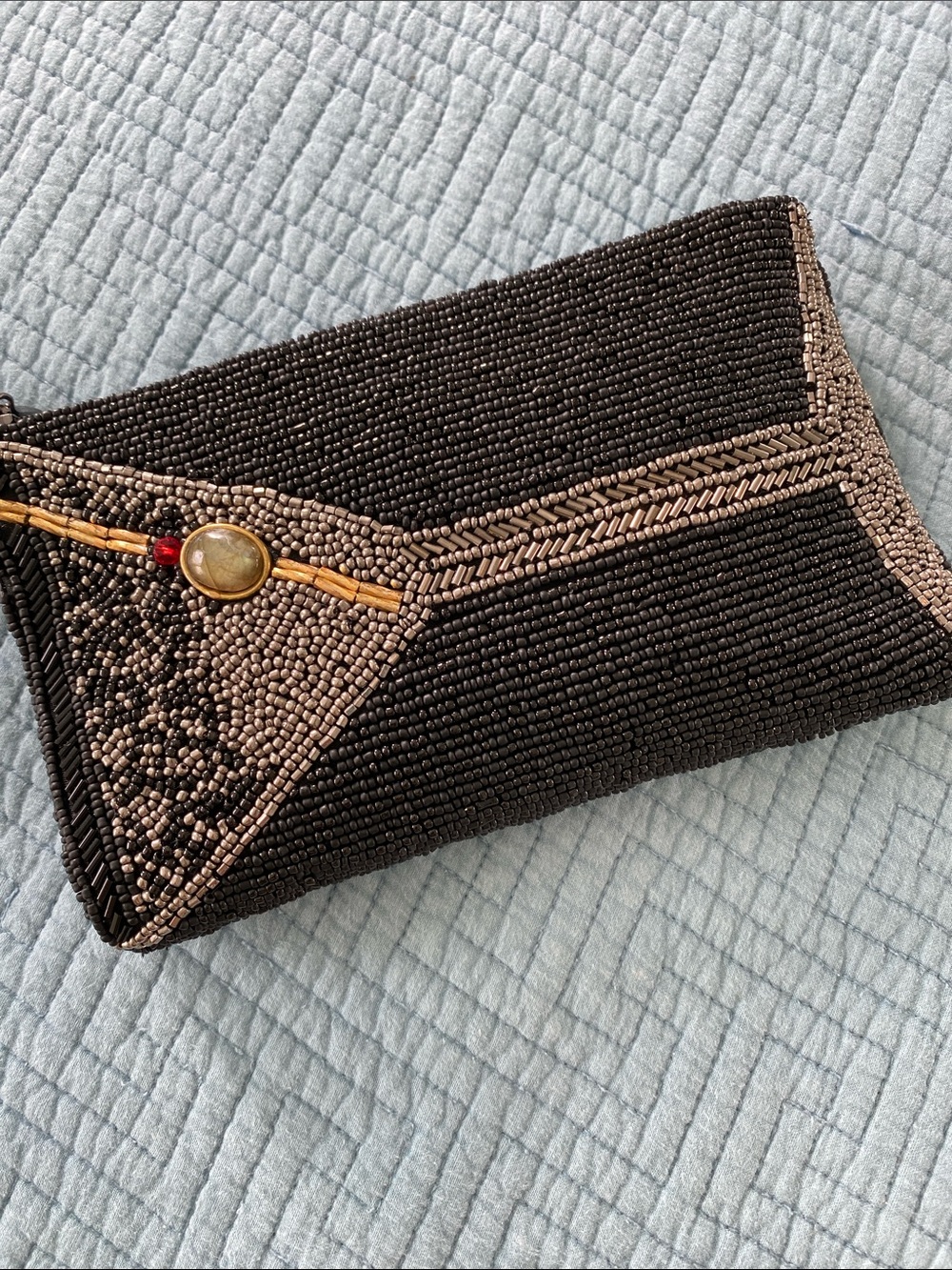 Mary Frances Black and Taupe Beaded Envelope Clutch